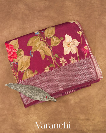 Deep Wine Digital Printed  Pure Mul Chiniya Silk Saree