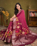 Deep Wine Digital Printed  Pure Mul Chiniya Silk Saree