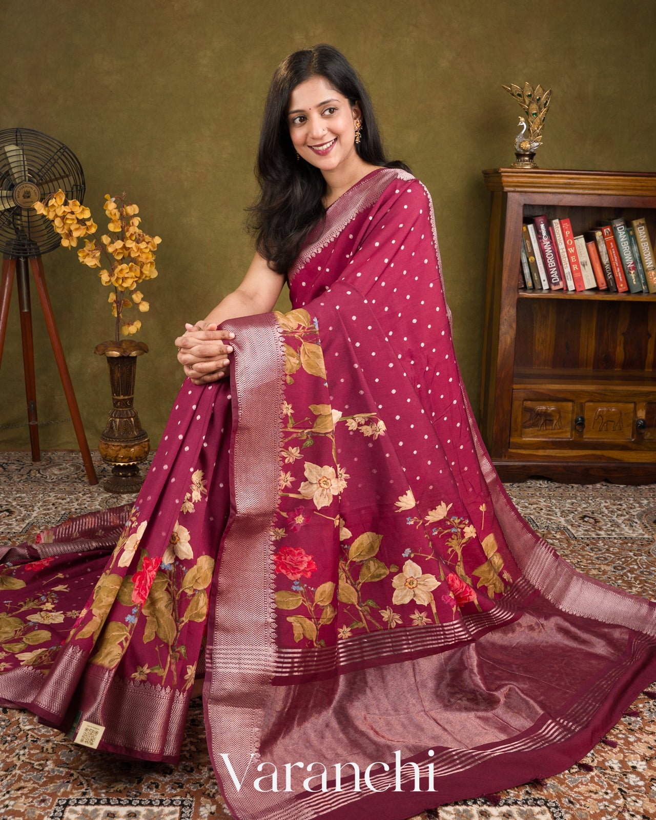 Deep Wine Digital Printed  Pure Mul Chiniya Silk Saree