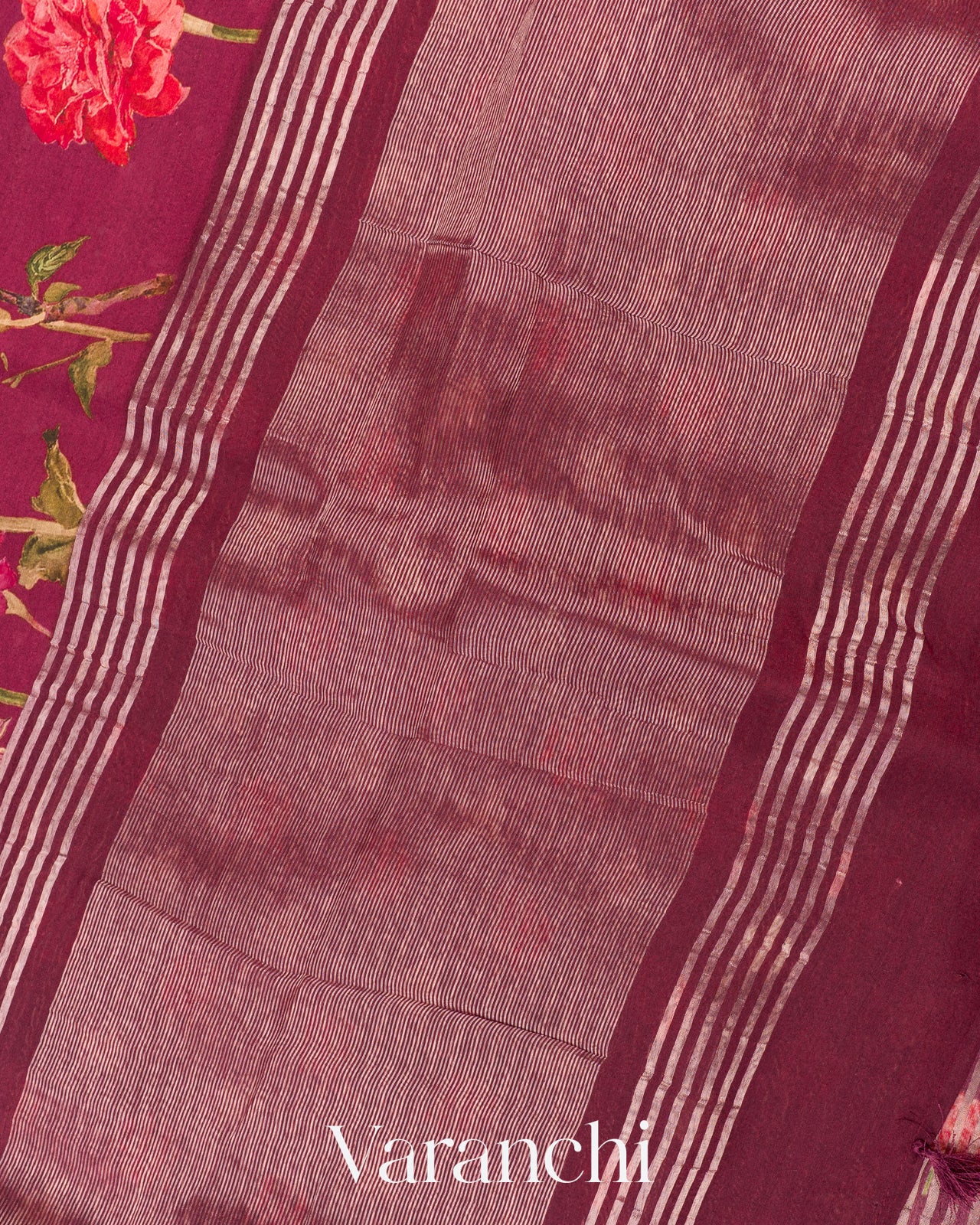 Deep Wine Digital Printed  Pure Mul Chiniya Silk Saree