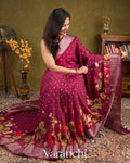 Deep Wine Digital Printed  Pure Mul Chiniya Silk Saree