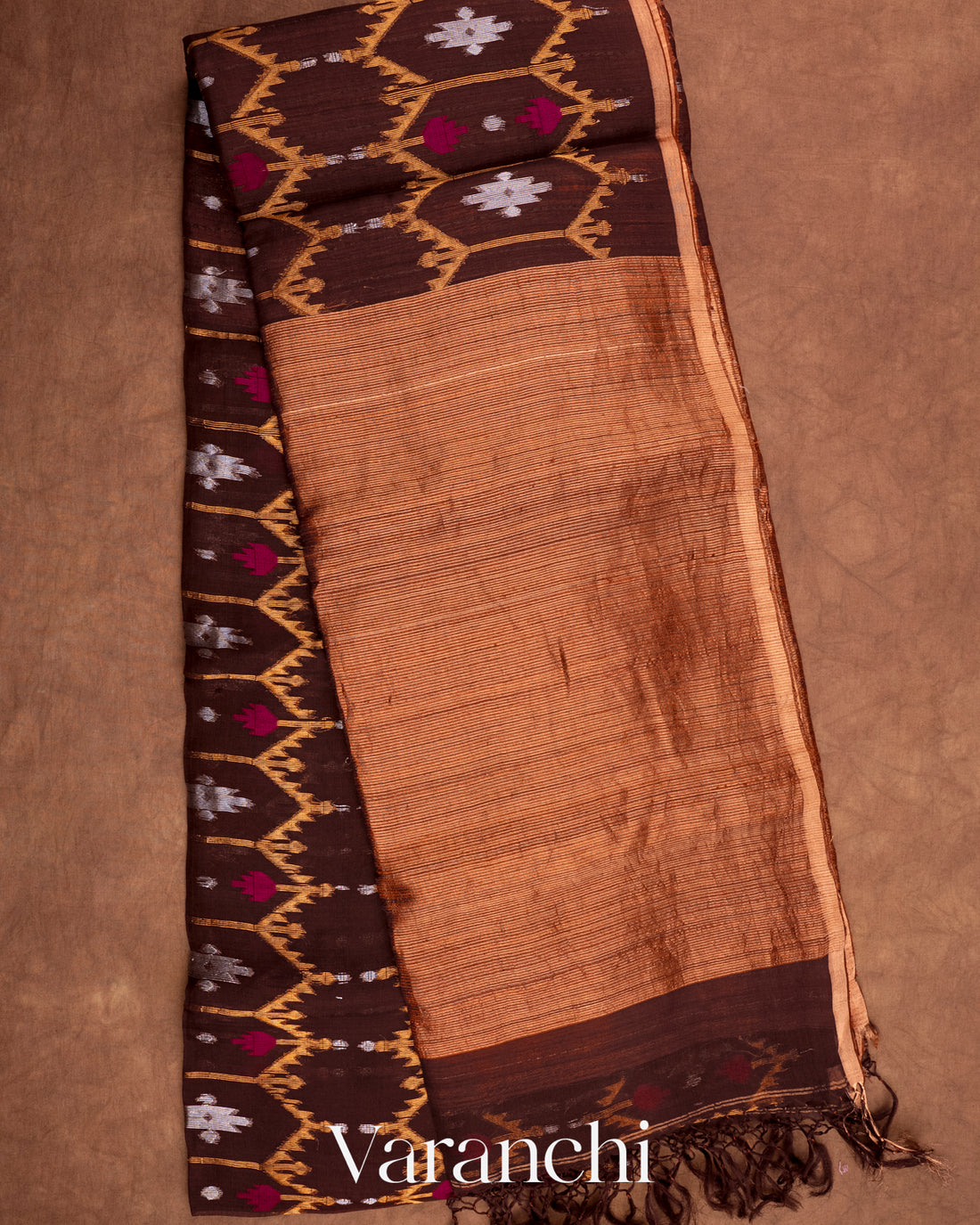 Coffee Brown Dhakai Jamdhani Pure Muslin Silk Handloom Saree