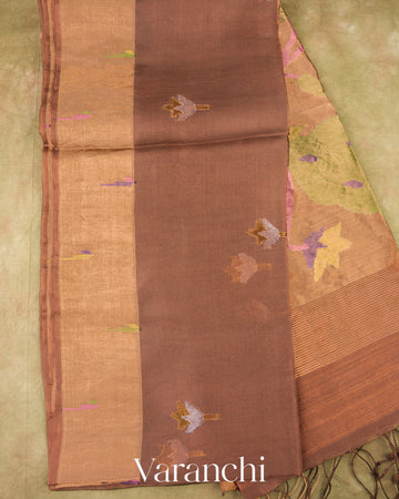 Chocolate Brown Jamdani Pure Muslin Silk Handloom Saree