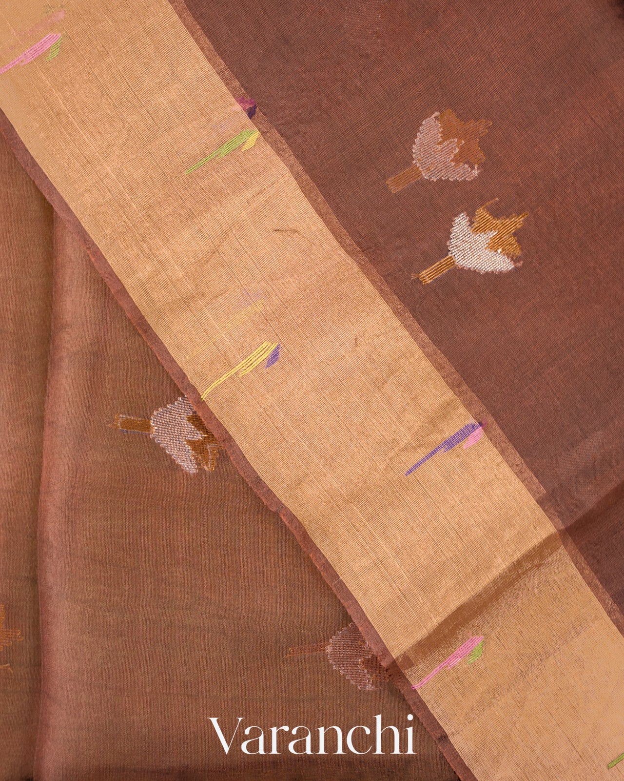 Chocolate Brown Jamdani Pure Muslin Silk Handloom Saree