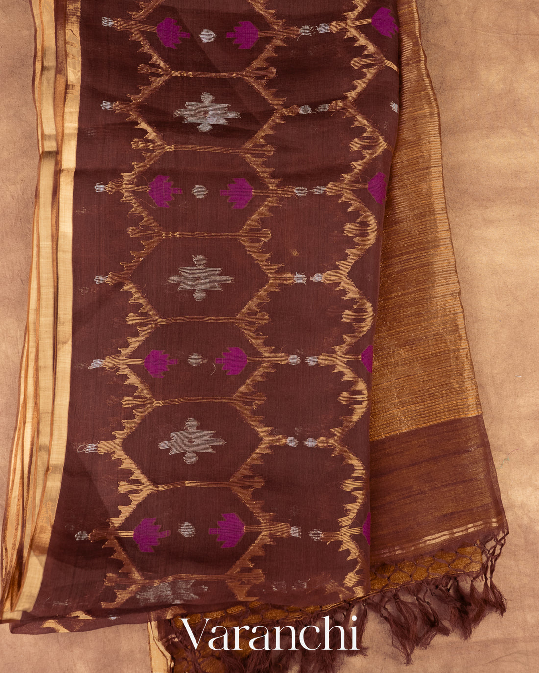 Coffee Brown Dhakai Jamdani Pure Muslin Silk Handloom Saree