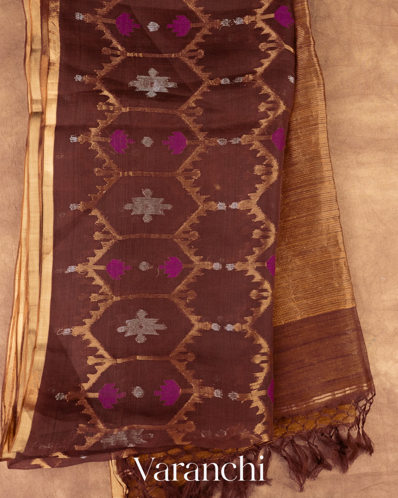 Coffee Brown Dhakai Jamdani Pure Muslin Silk Handloom Saree