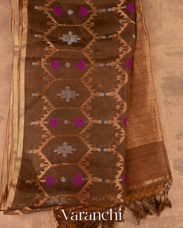 Coffee Brown Dhakai Jamdani Pure Muslin Silk Handloom Saree
