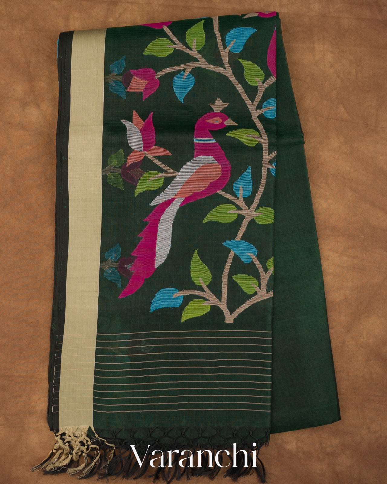 Dark Green Jamdani Pure Muslin Silk Handloom Saree 