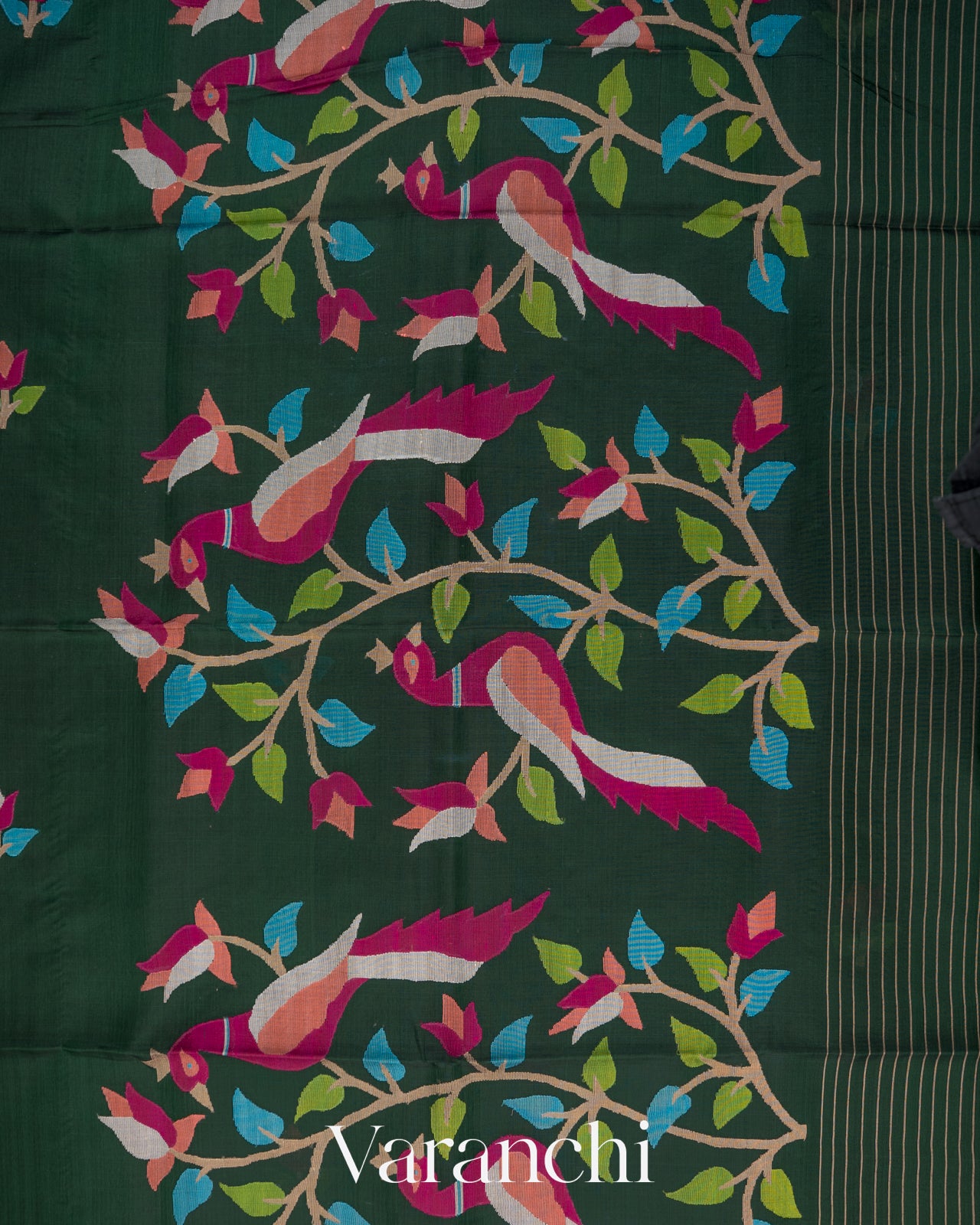 Dark Green Jamdani Pure Muslin Silk Handloom Saree 
