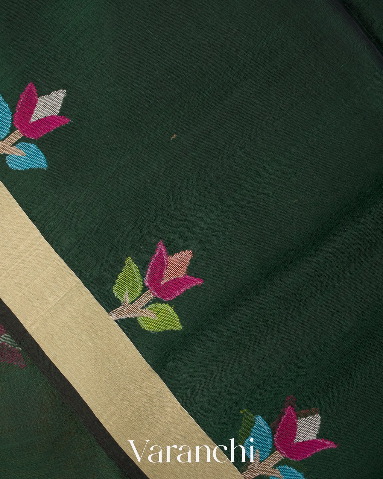 Dark Green Jamdani Pure Muslin Silk Handloom Saree 