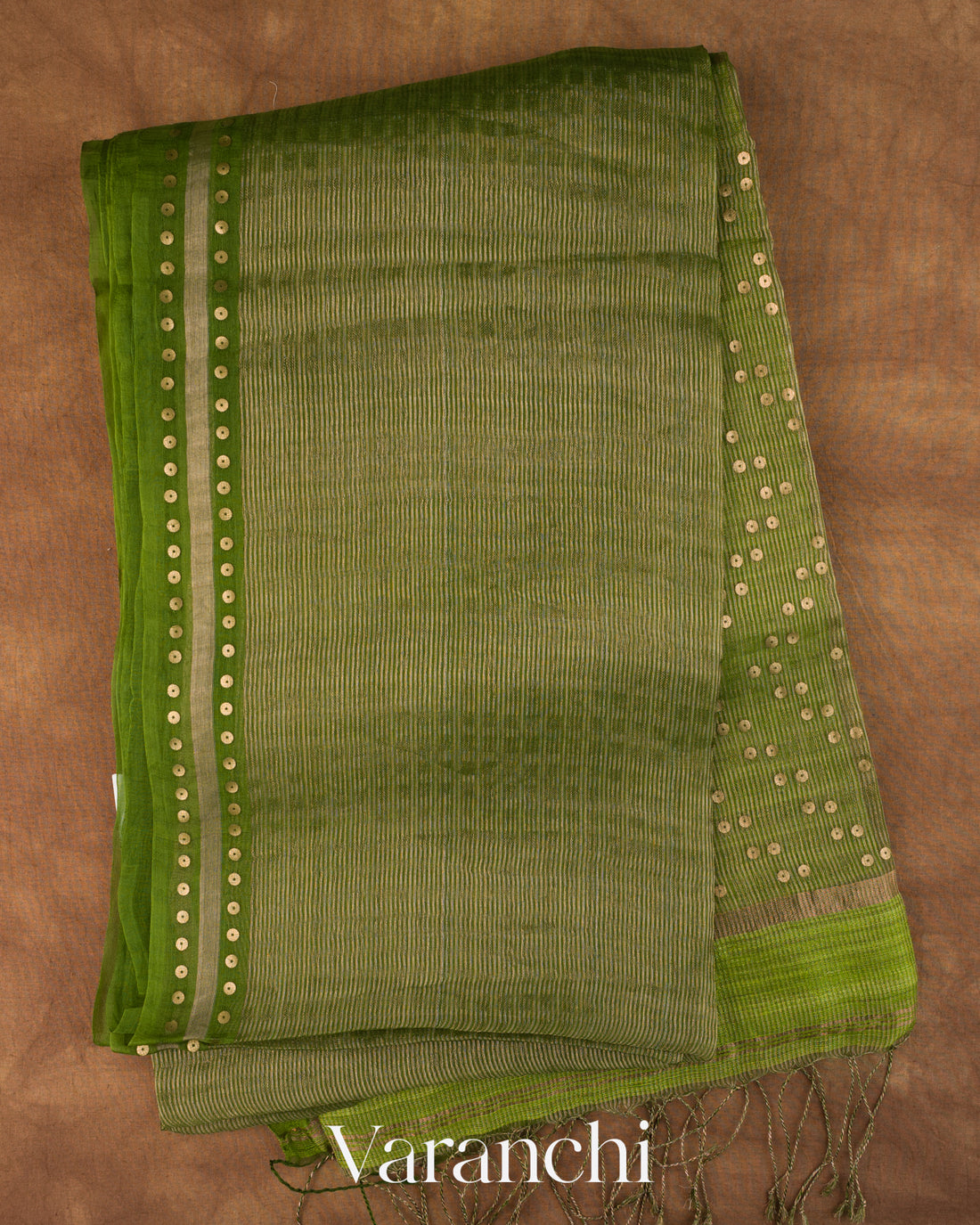 Leafy Green with Sequin Embroidery Pure Muslin Silk Handloom Saree