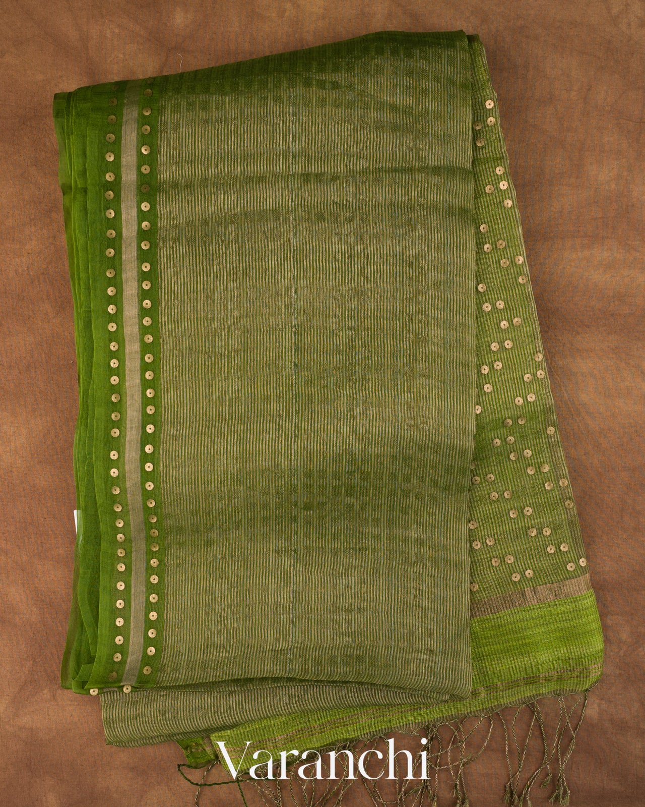 Leafy Green with Sequin Embroidery Pure Muslin Silk Handloom Saree