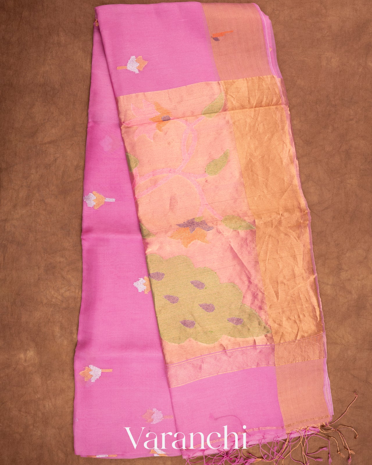 Rose Pink Pure Muslin Jamdani Silk Handloom Saree