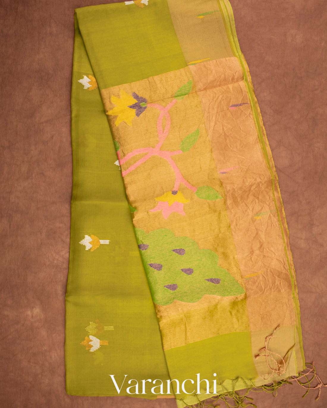 Mehandi Green Pure Muslin Jamdani Silk Handloom Saree
