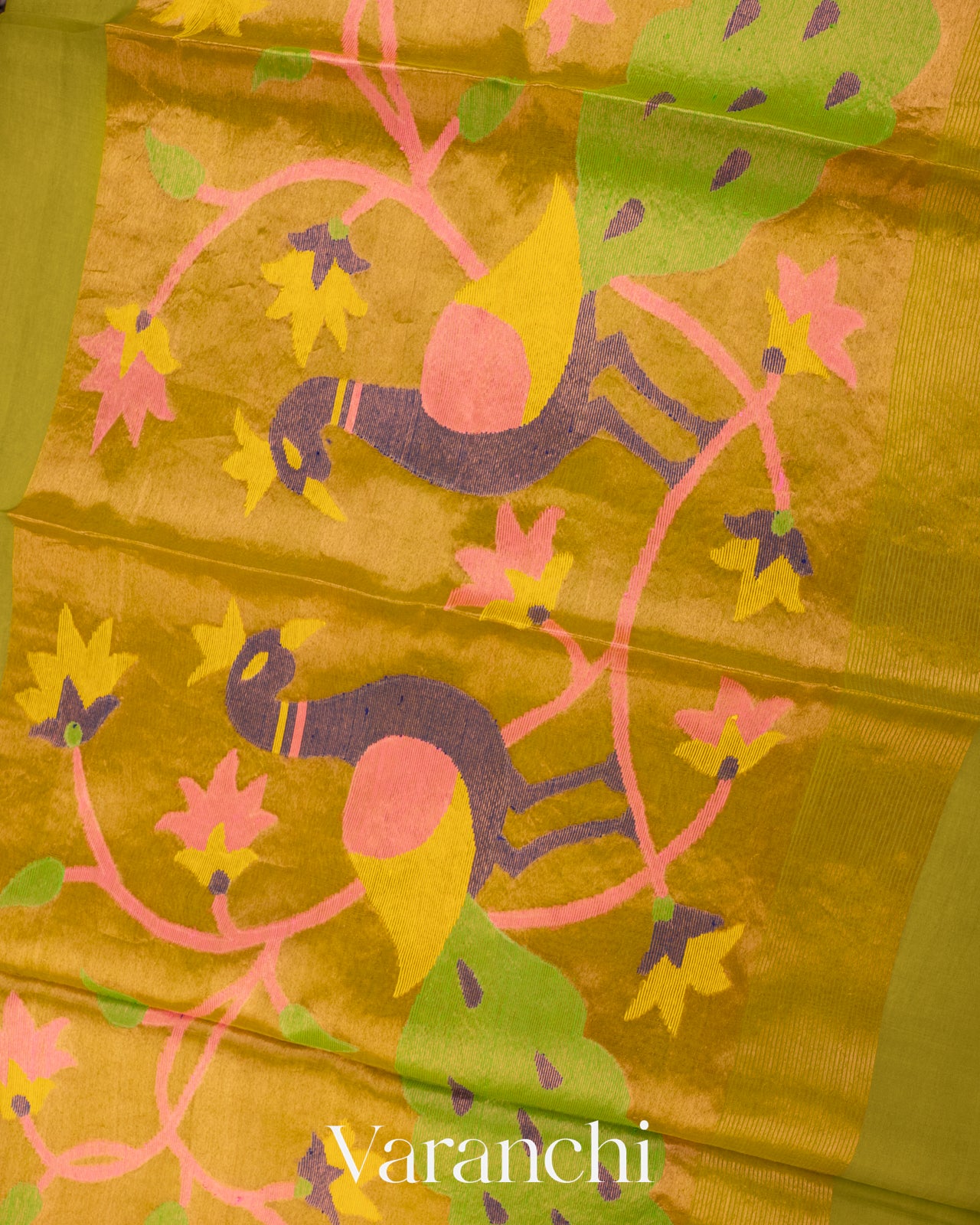 Mehandi Green Pure Muslin Jamdani Silk Handloom Saree