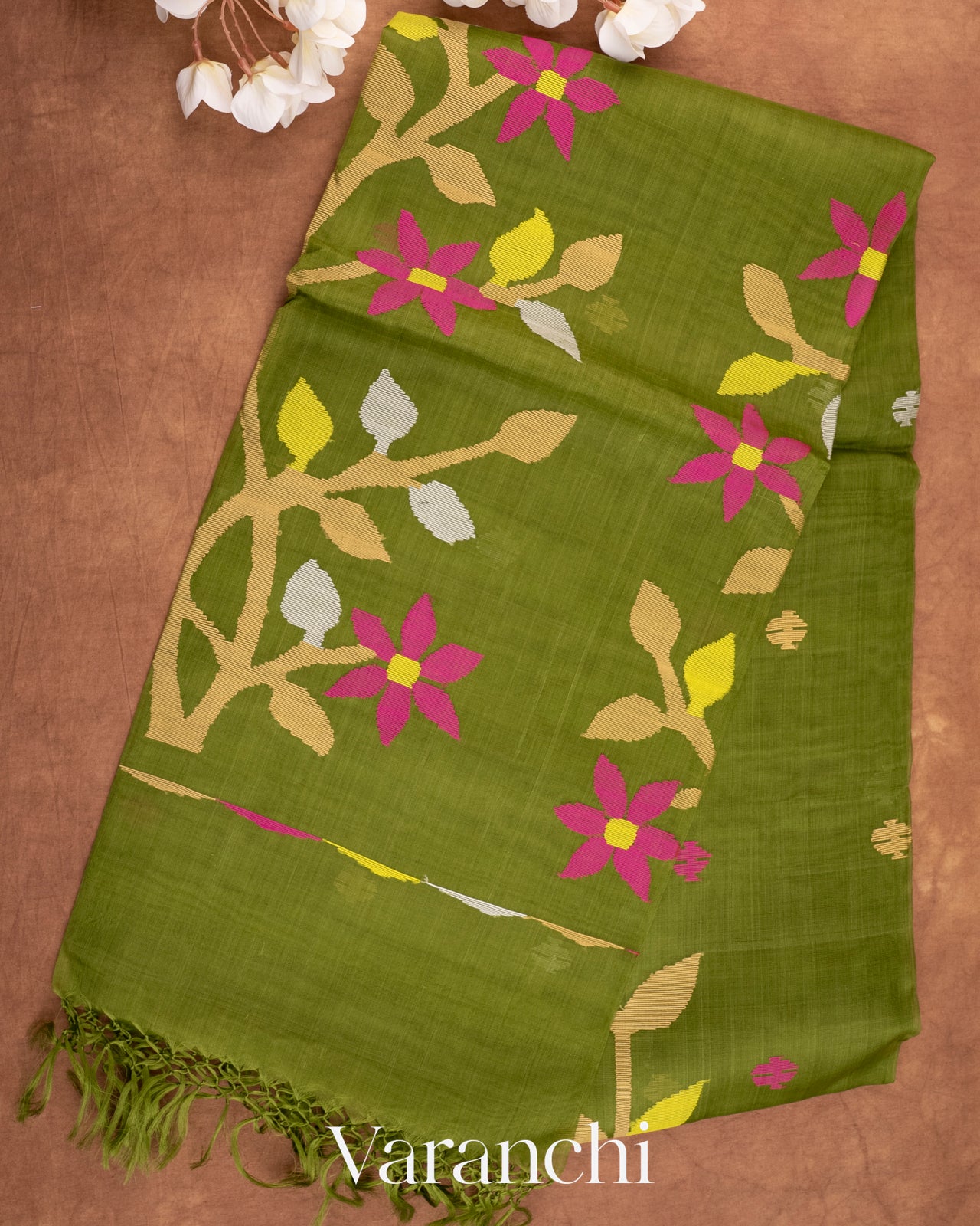 Olive Green Jamdani Pure Muslin Silk Handloom Saree