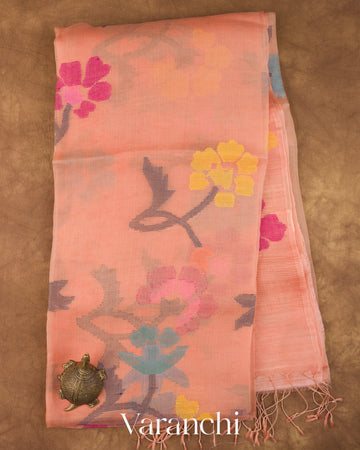 Peach Jamdani Pure Muslin Silk Handloom Saree