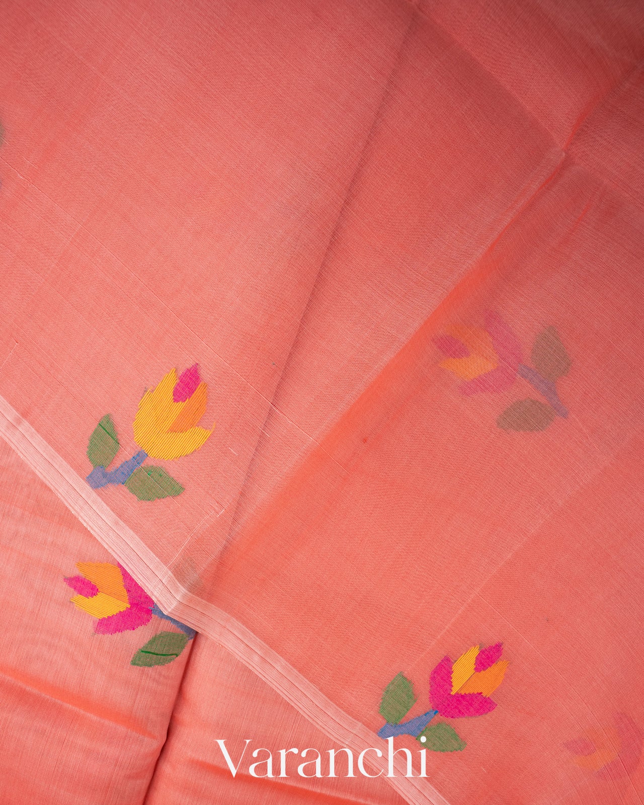 Peach Jamdani Pure Muslin Silk Handloom Saree