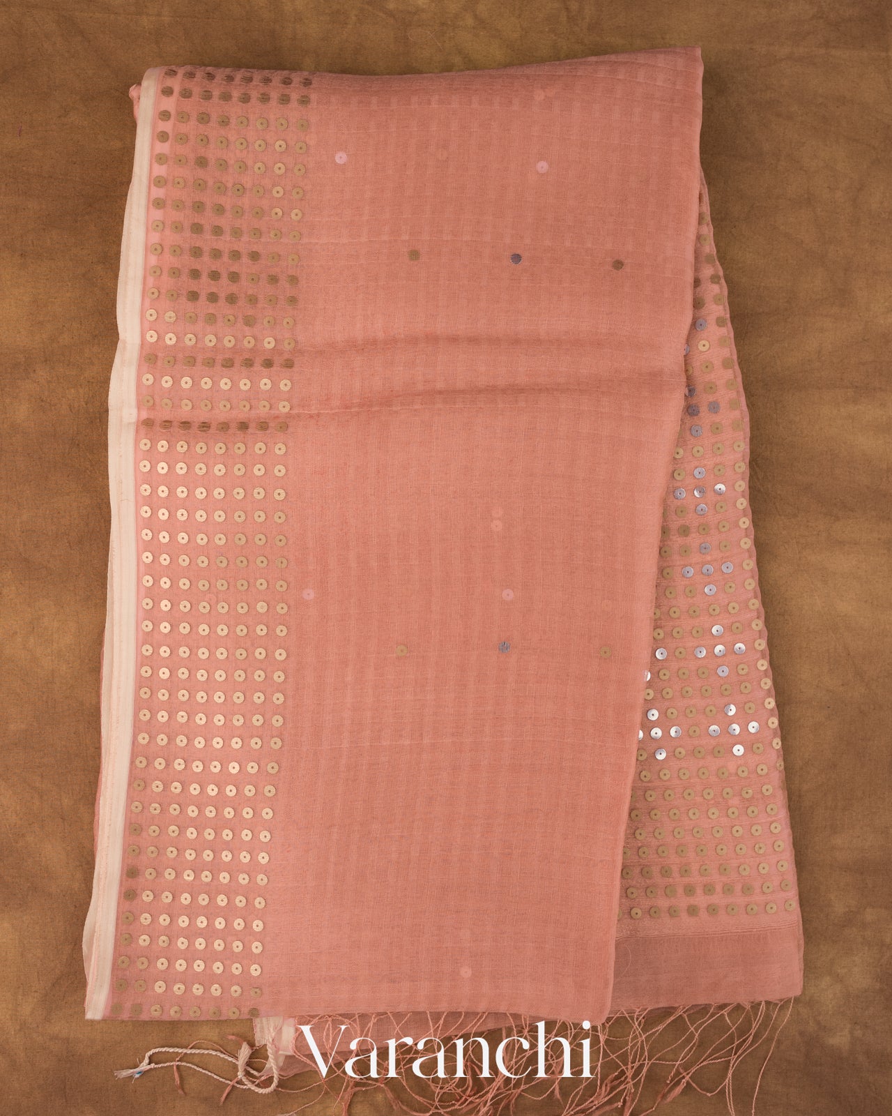 Peach with Sequin Embroidery Pure Muslin Silk Handloom Saree