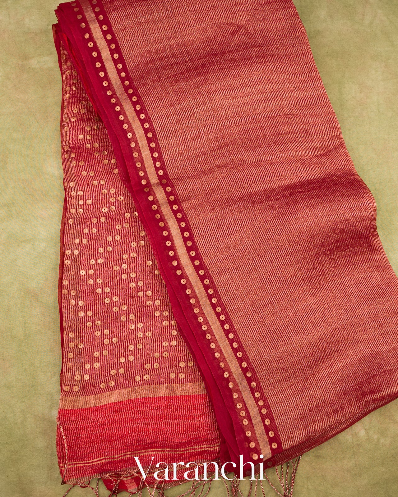 Brick Red with Sequin Embroidery Pure Muslin Silk Handloom Saree