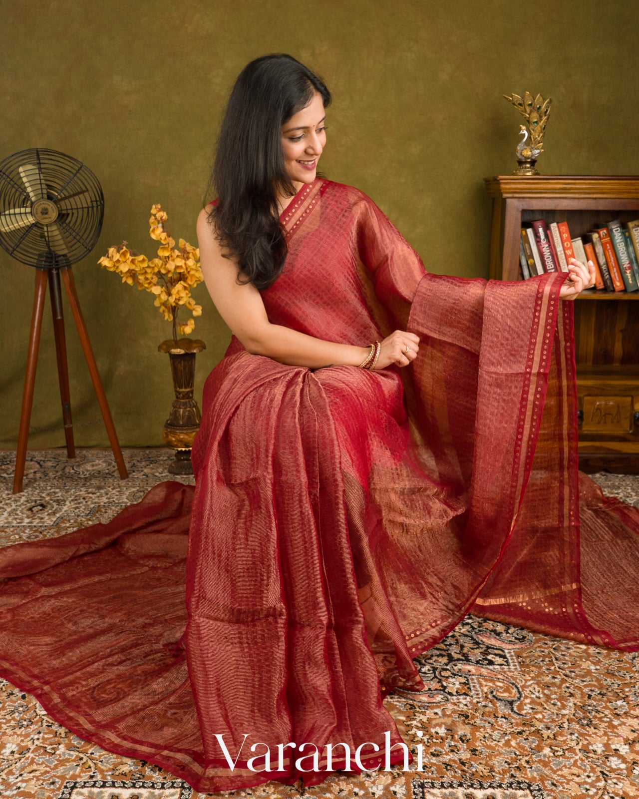 Brick Red with Sequin Embroidery Pure Muslin Silk Handloom Saree