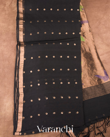 Jet Black Pure Muslin Silk with Paithani Pallu Handloom Saree