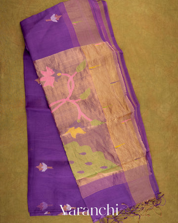 Violet Pure Muslin Jamdani Silk Paithani Pallu Handloom Saree