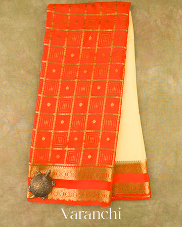 Vermilion Orange Checkered Pure Mysore Crepe Silk Saree