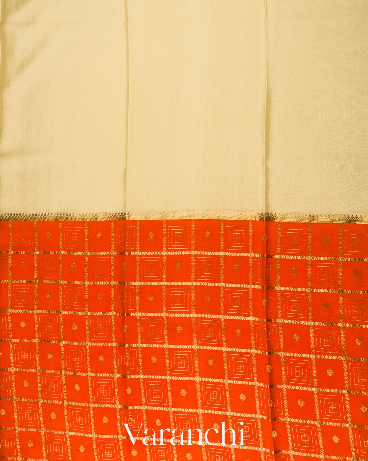 Vermilion Orange Checkered Pure Mysore Crepe Silk Saree