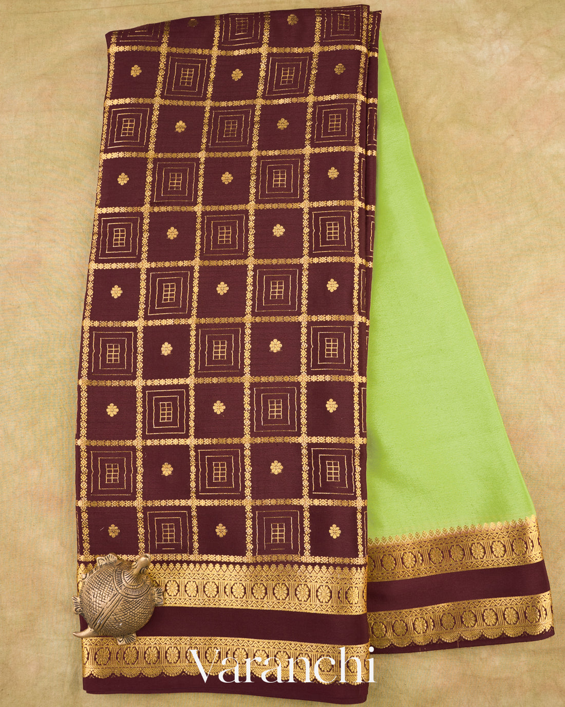 Leaf Green-Deep Wine Maroon Pure Mysore Crepe Silk Saree