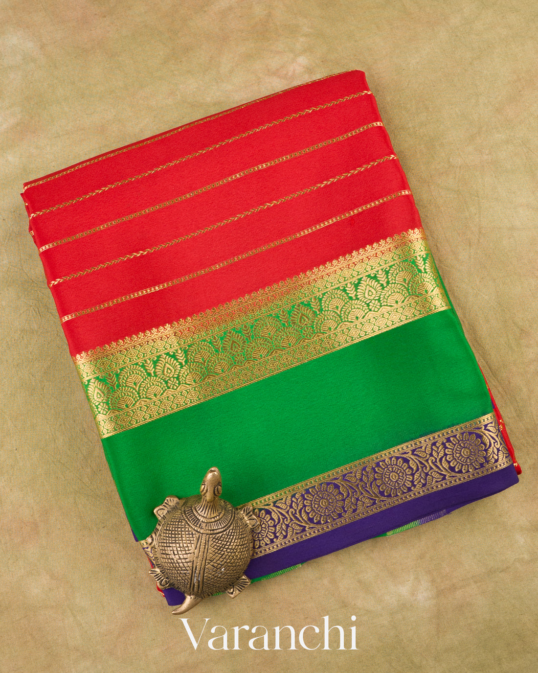 Bright Vermilion Red Pure Mysore Crepe Silk Saree