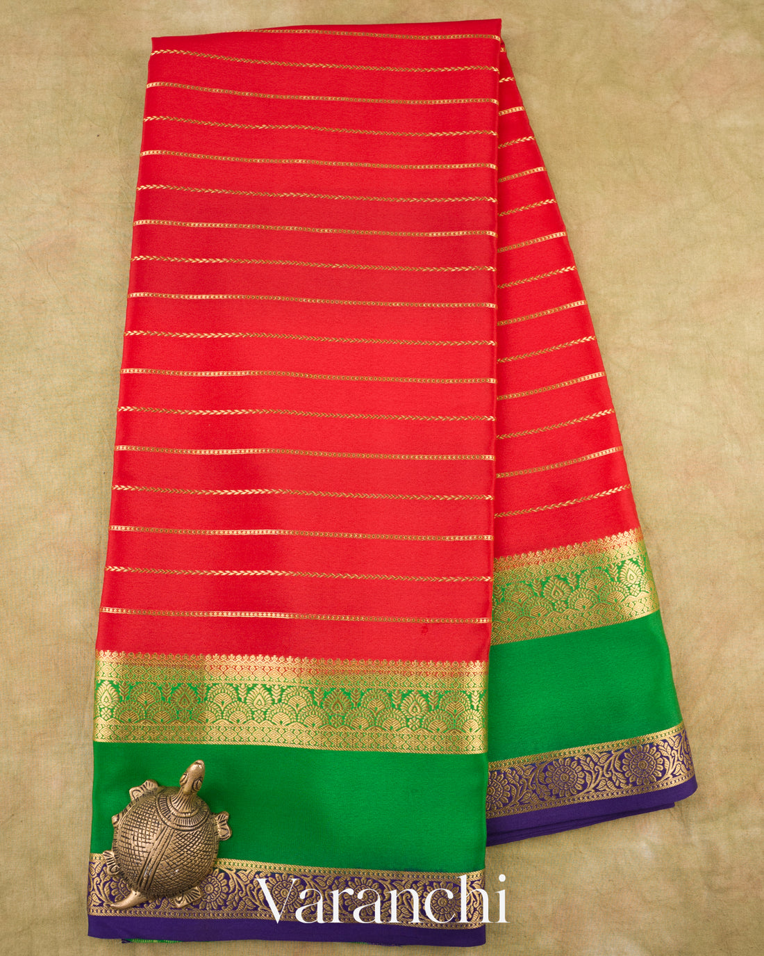Bright Vermilion Red Pure Mysore Crepe Silk Saree