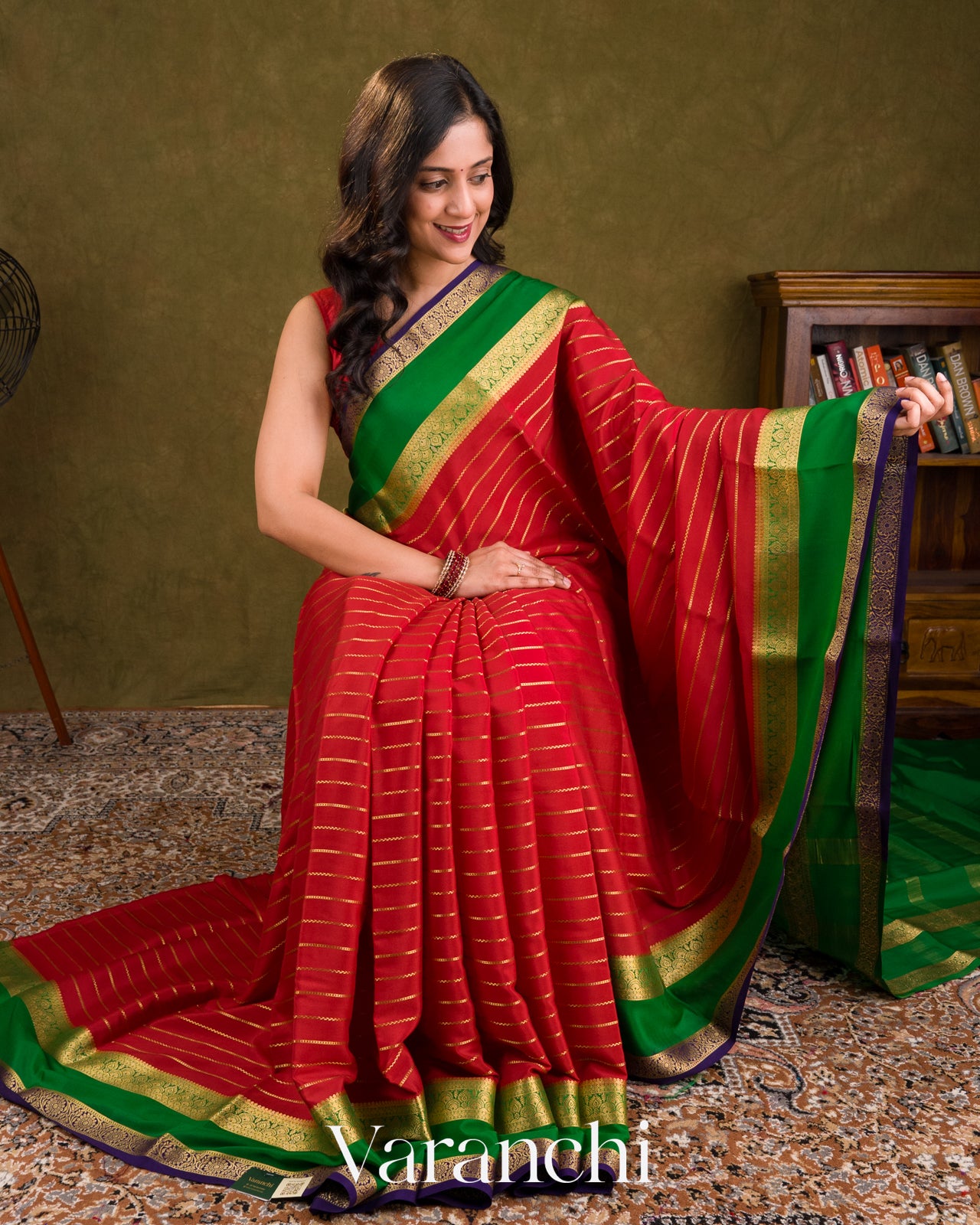 Bright Vermilion Red Pure Mysore Crepe Silk Saree