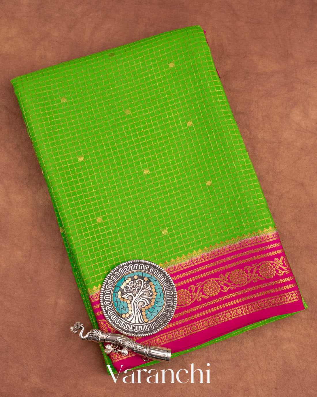 Parrot Green Pure Mysore Crepe Silk Saree