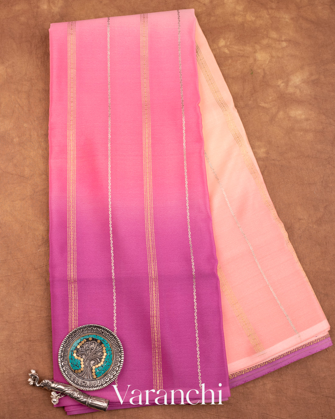 Shades of Mauve and Peach Ombre-Dyed Pure Mysore Crepe Silk Saree