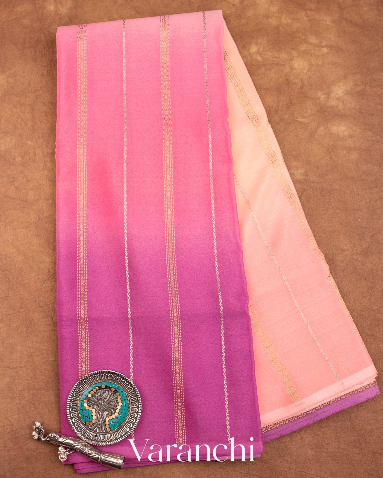 Shades of Mauve and Peach Ombre-Dyed Pure Mysore Crepe Silk Saree