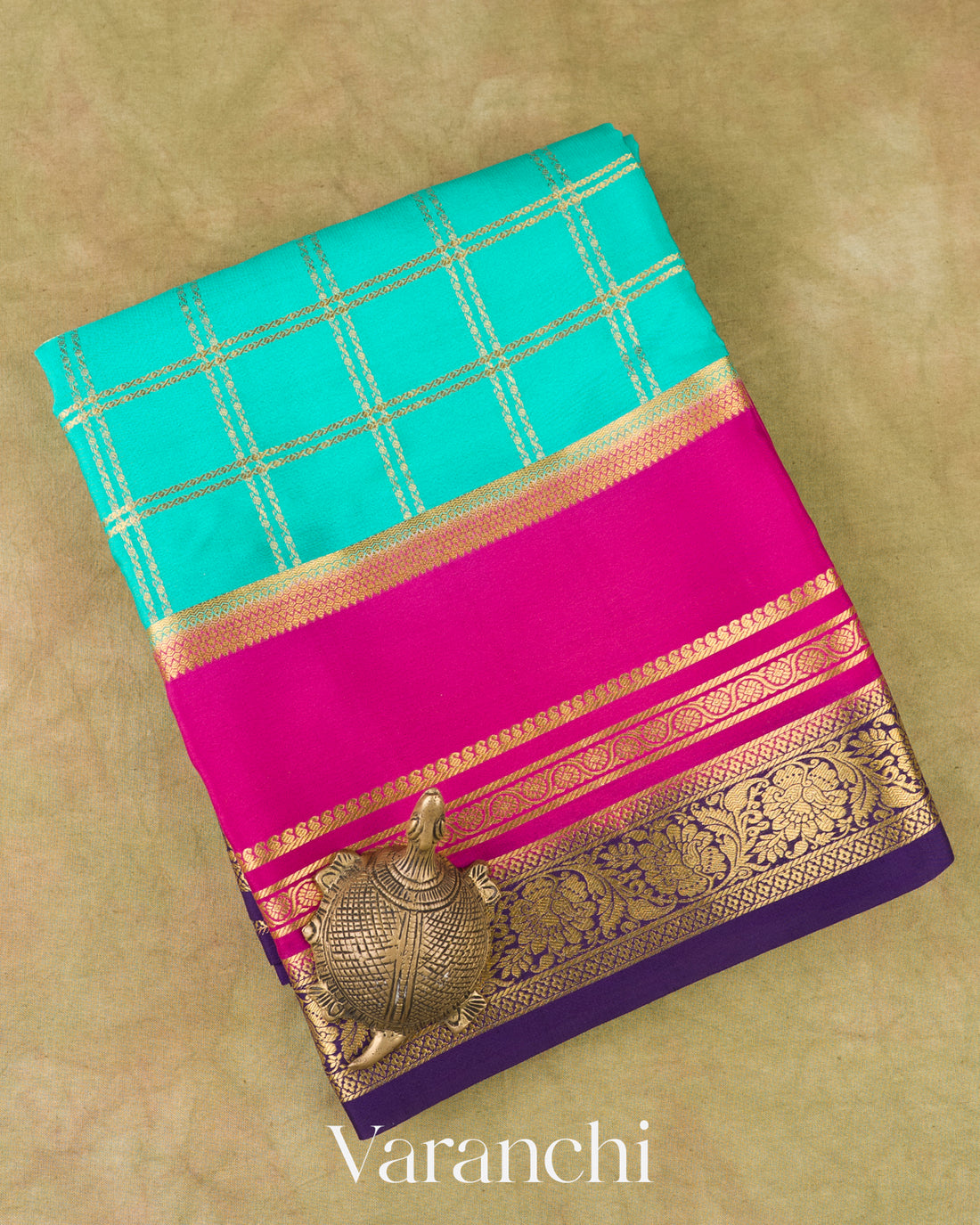 Turquoise Pure Mysore Crepe Silk Saree