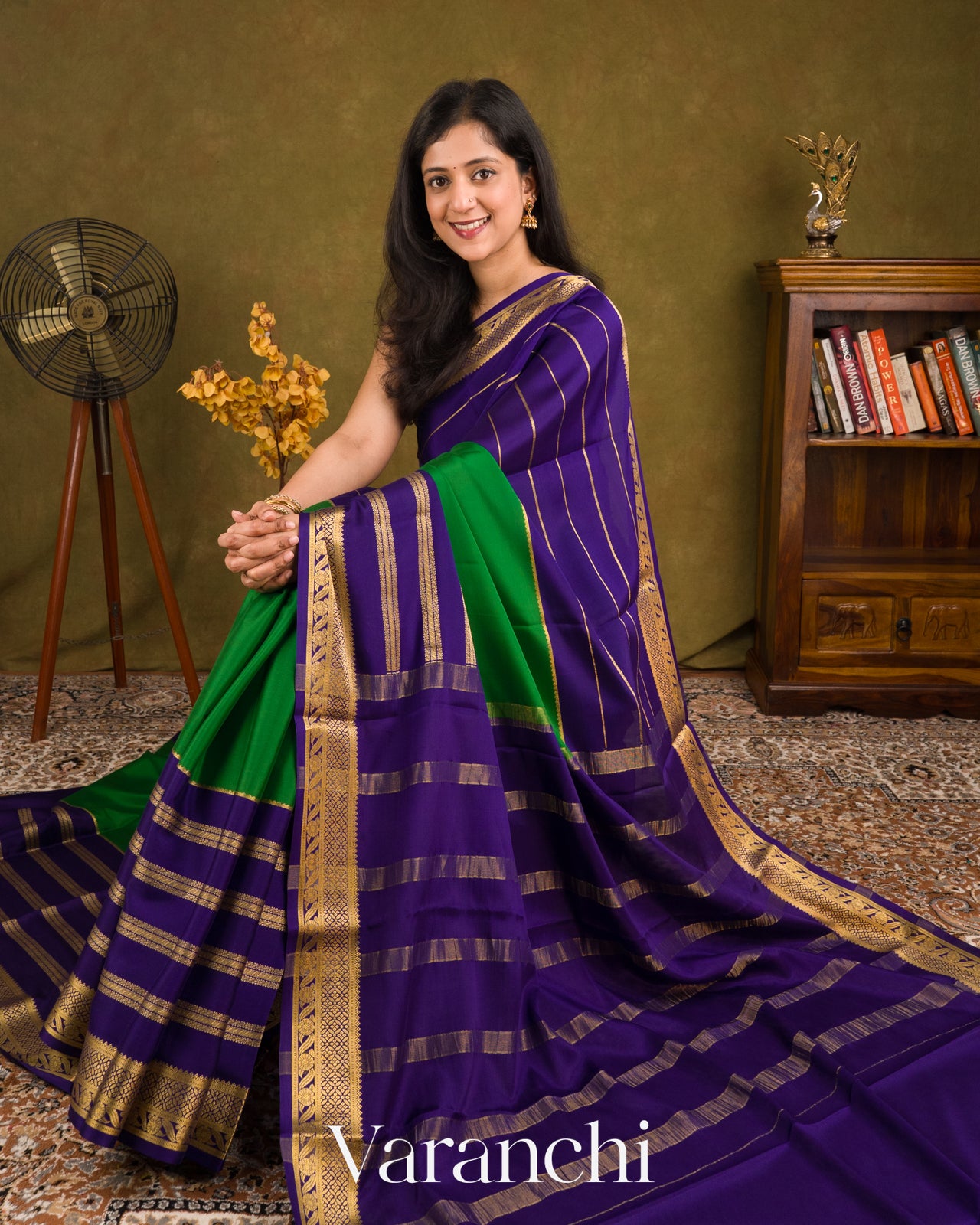 Emerald Green-Purple Pure Mysore Crepe Silk Saree