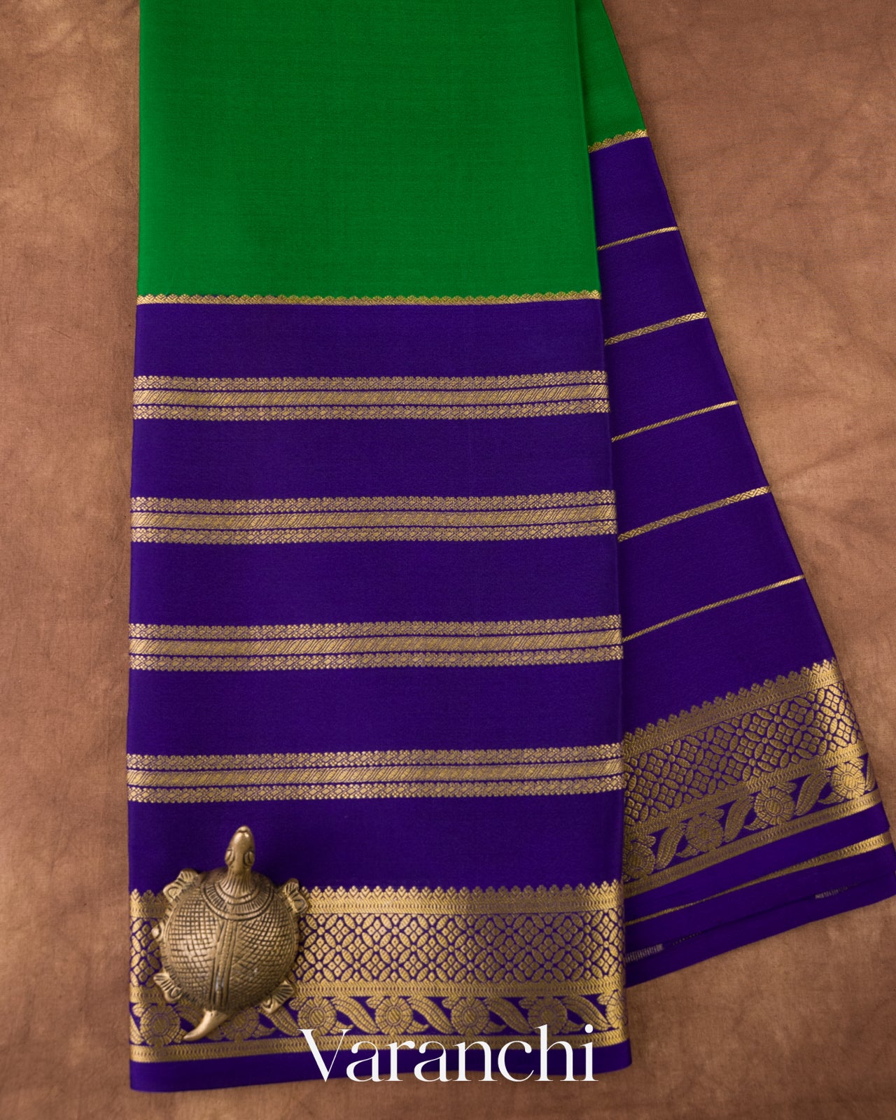 Emerald Green-Purple Pure Mysore Crepe Silk Saree