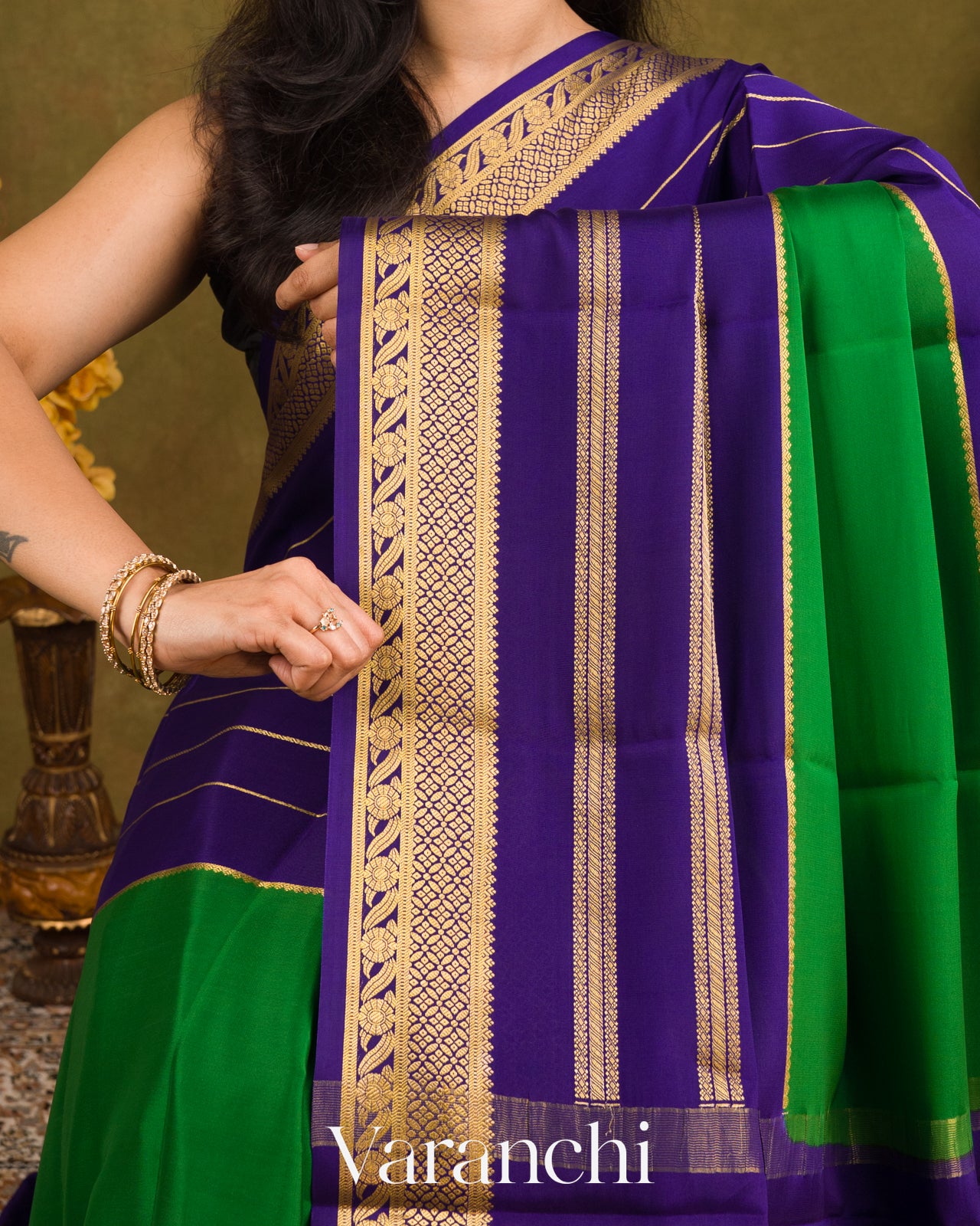 Emerald Green-Purple Pure Mysore Crepe Silk Saree