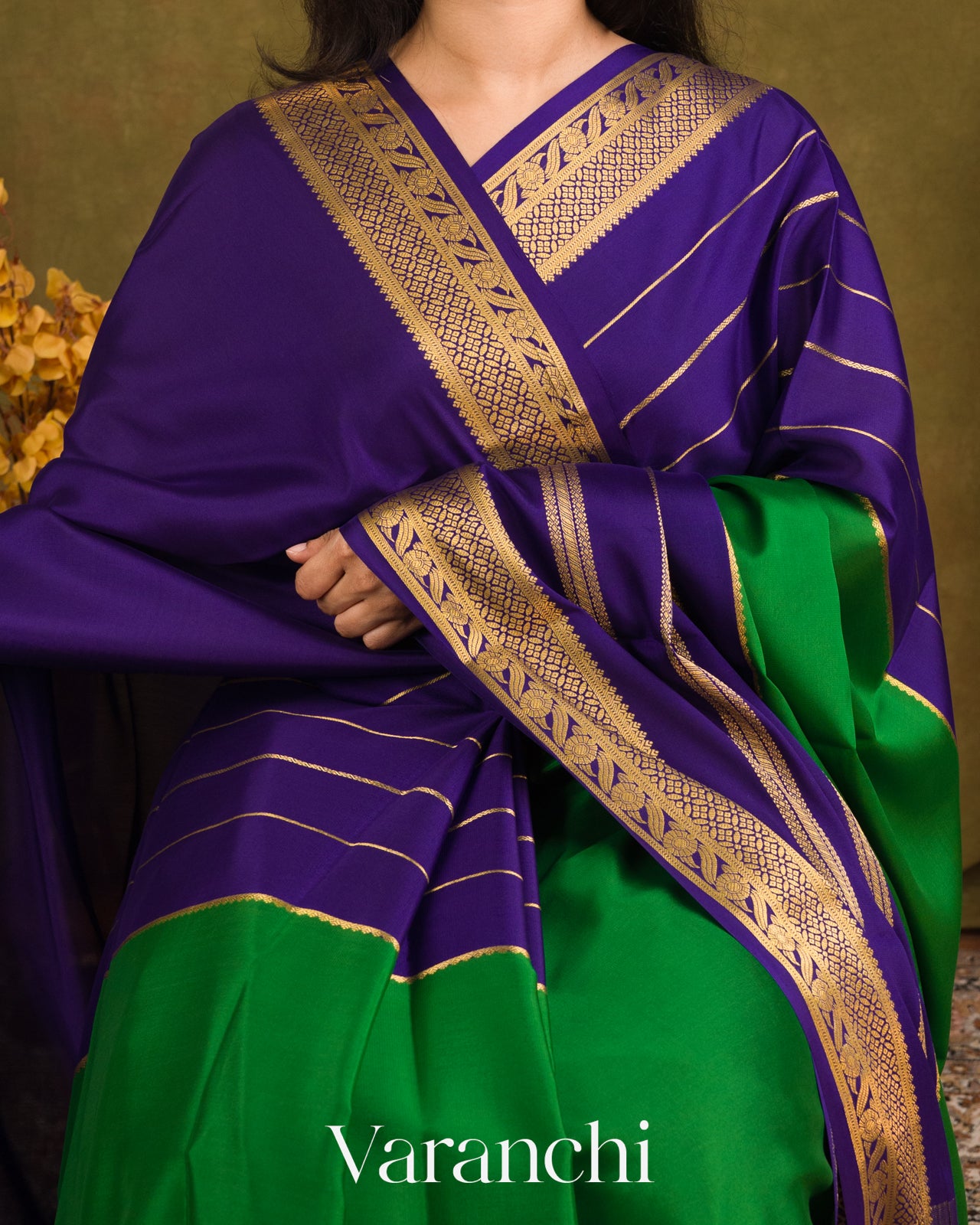 Emerald Green-Purple Pure Mysore Crepe Silk Saree