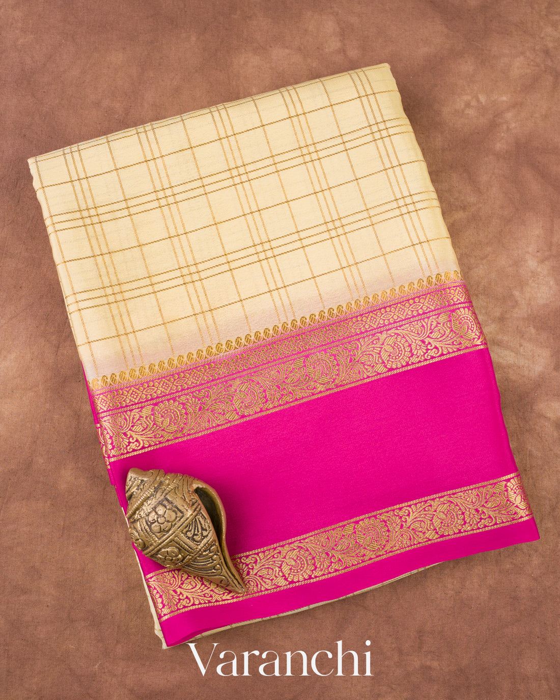 Soft Ivory Checkered Pure Mysore Crepe Silk Saree