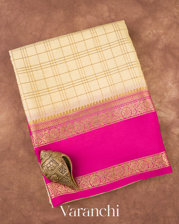 Soft Ivory Checkered Pure Mysore Crepe Silk Saree