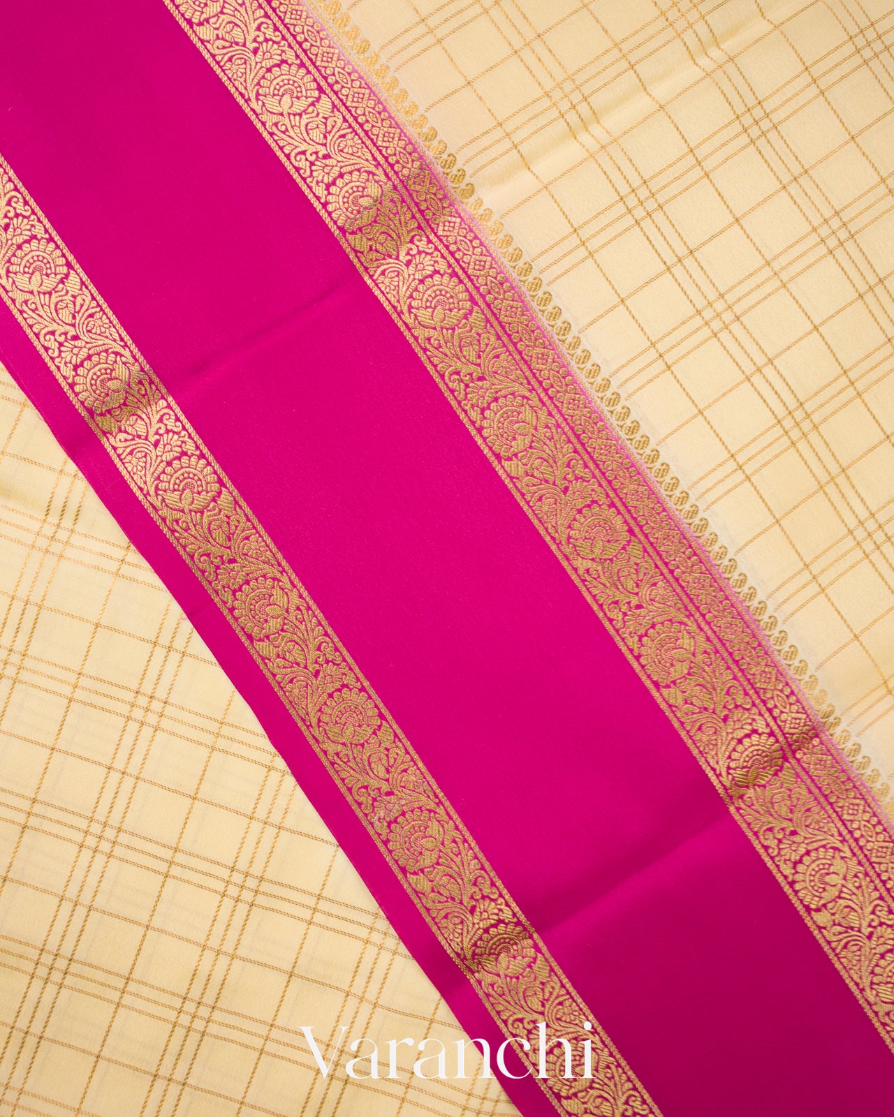 Soft Ivory Checkered Pure Mysore Crepe Silk Saree