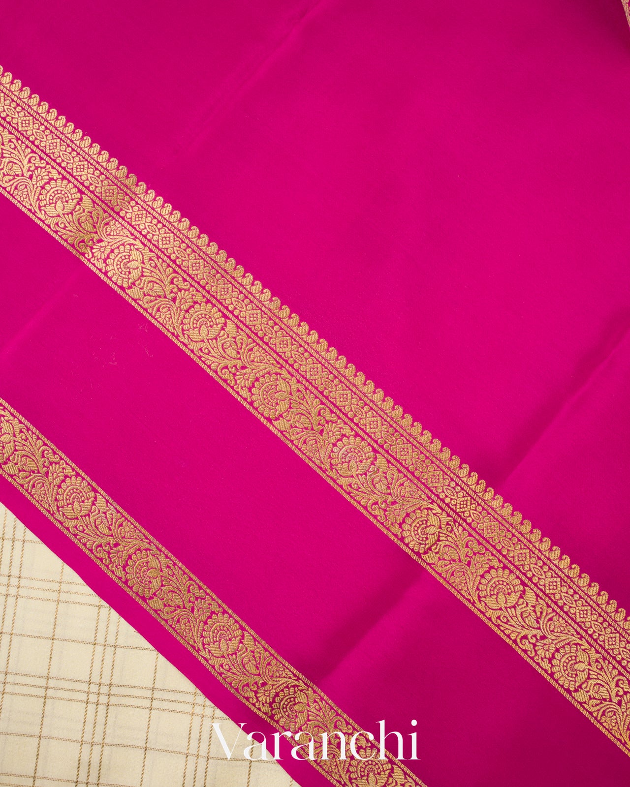 Soft Ivory Checkered Pure Mysore Crepe Silk Saree