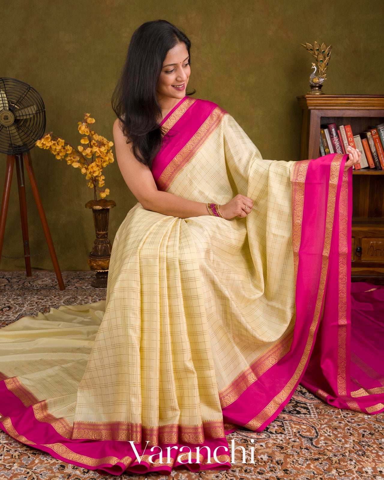 Soft Ivory Checkered Pure Mysore Crepe Silk Saree