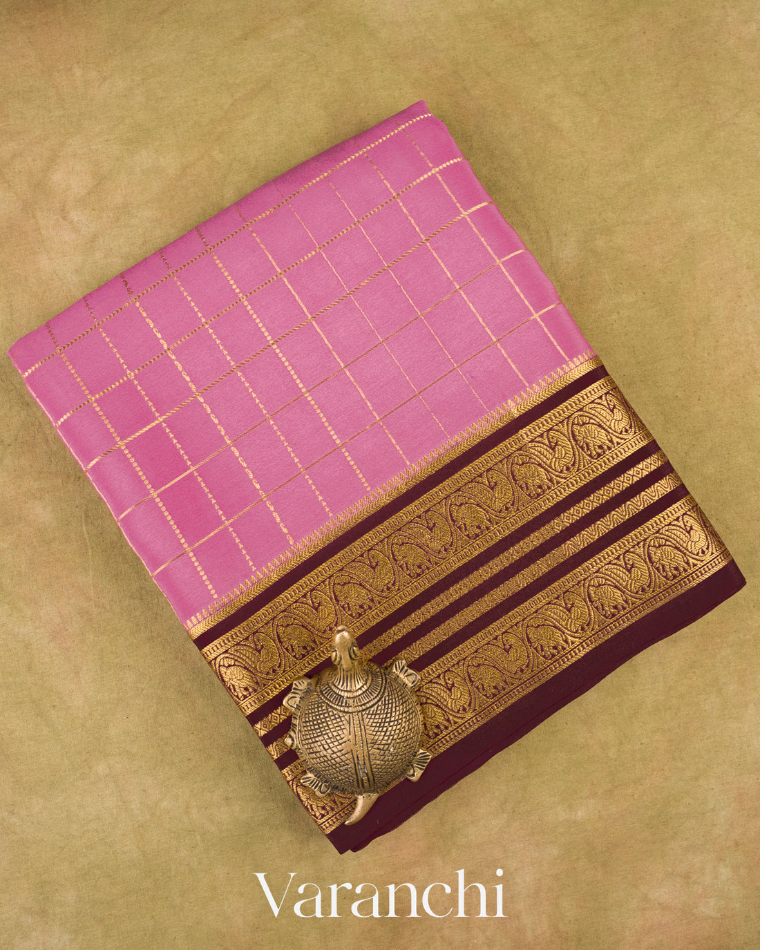 Dusty Lavender Pink Checkered Pure Mysore Crepe Silk Saree