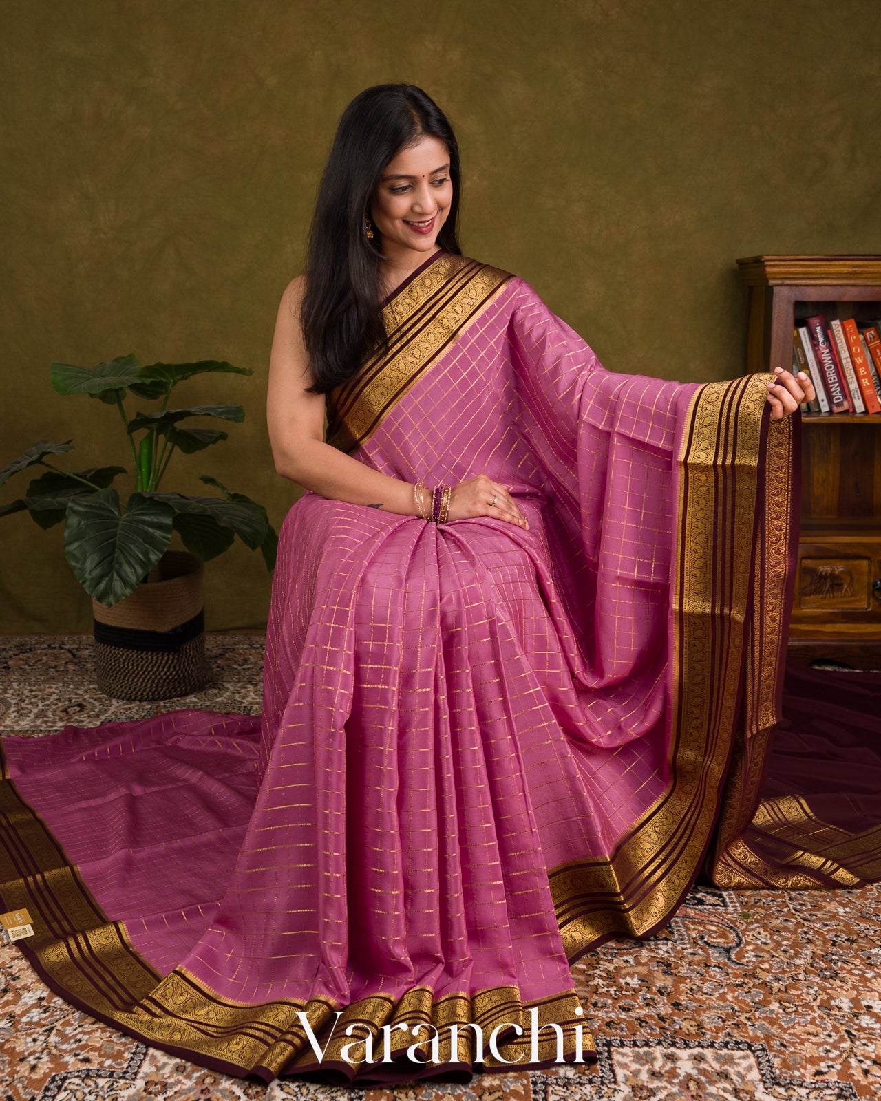 Dusty Lavender Pink Checkered Pure Mysore Crepe Silk Saree
