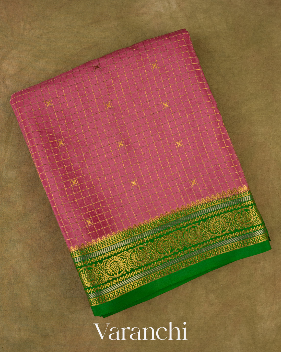 Peach Pink Checkered Pure Mysore Crepe Silk Saree