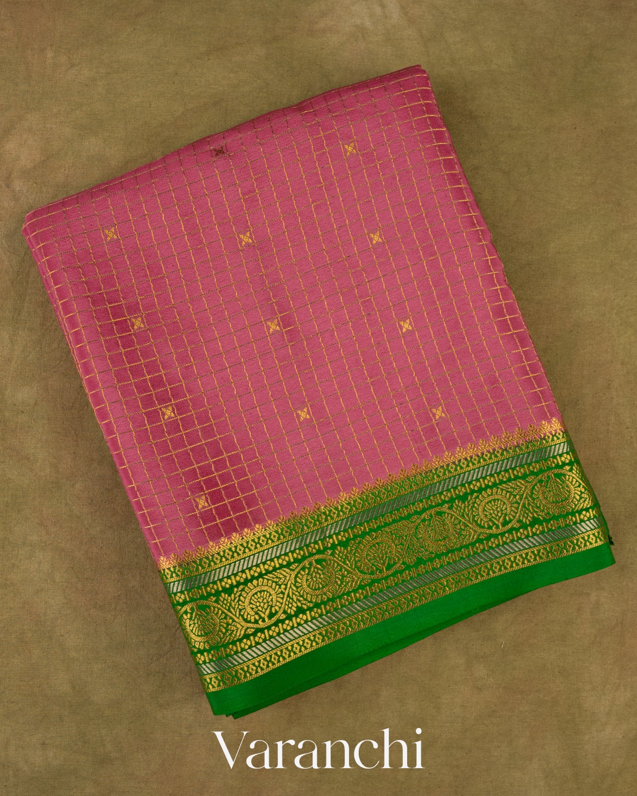 Peach Pink Checkered Pure Mysore Crepe Silk Saree